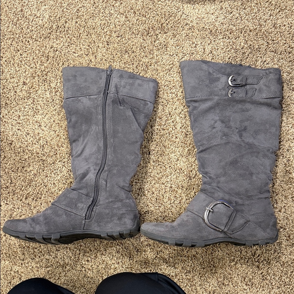 Maurices Gray Suede-Look Midcalf Buckle Boots